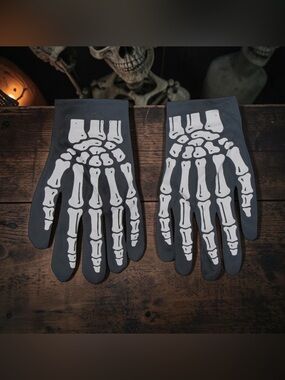 Halloween Skeleton Gloves Classic White Bones Black Costume Accessory Pair 💀